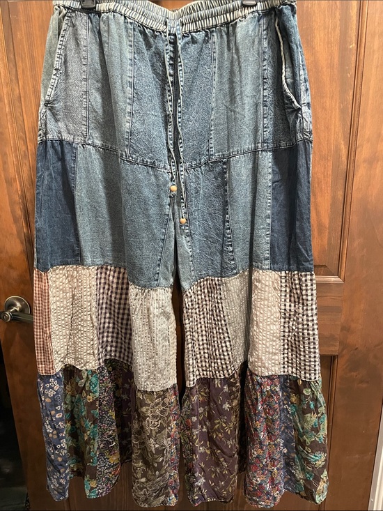 Young Threads Denim - Young Threads Bohemian Patchwork Wide-Leg Jeans in Denim Blue